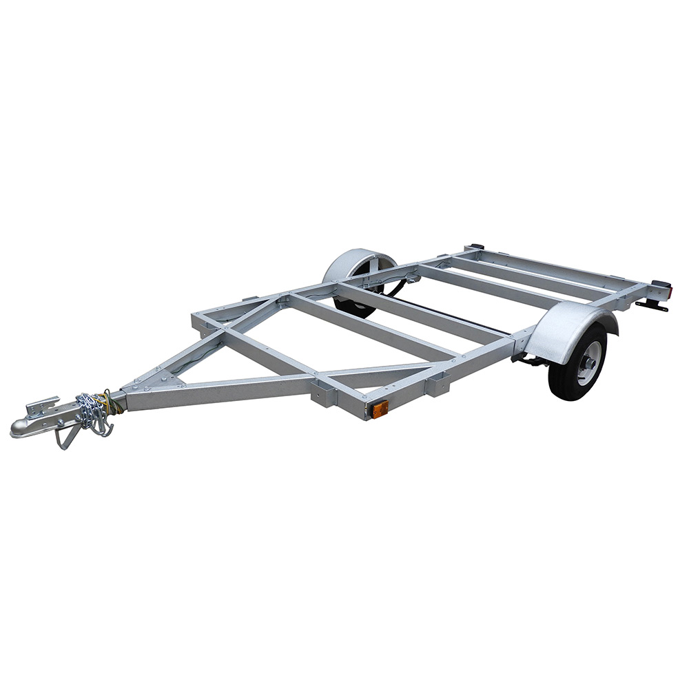 Front three-quarter view of the assembled Marathon 4′ × 8′ open-frame kit trailer