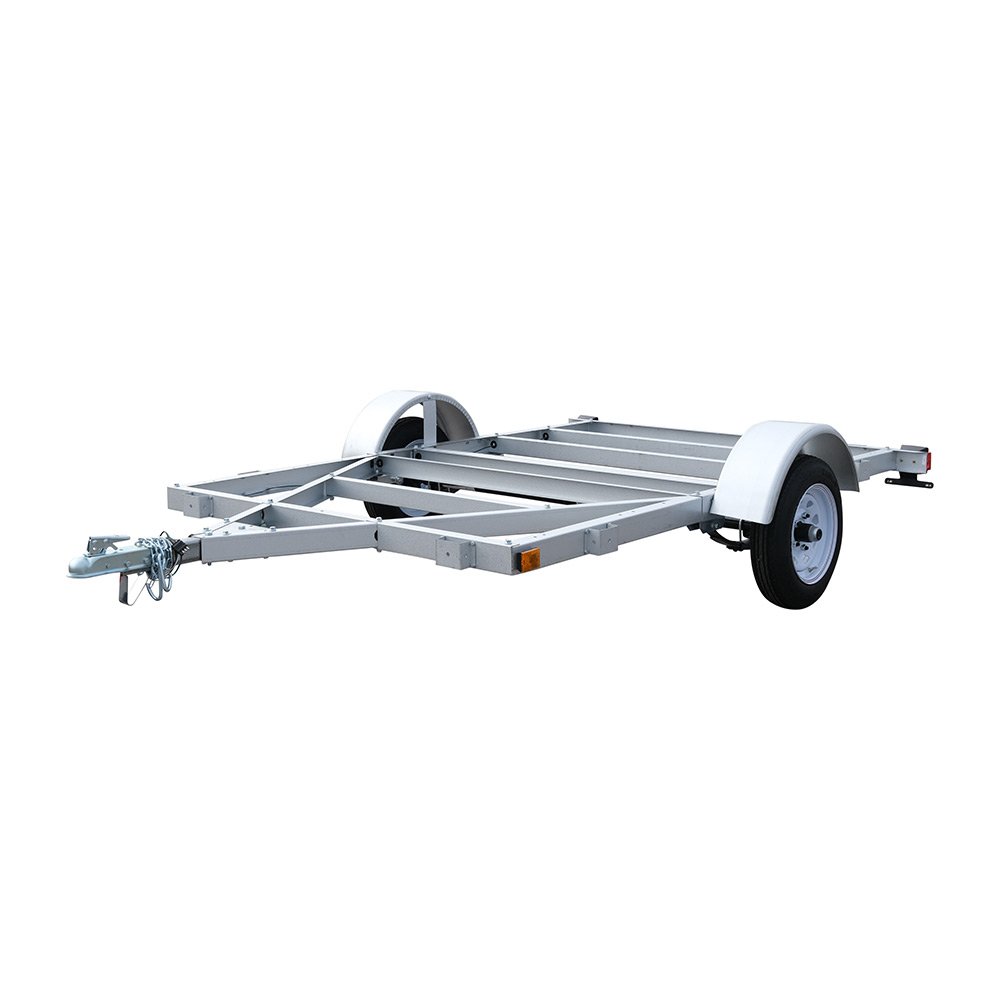 Front three-quarter view of the assembled Marathon 5′ × 8′ open-frame kit trailer